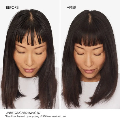 Before and after comparison showing straight dark hair with bangs.