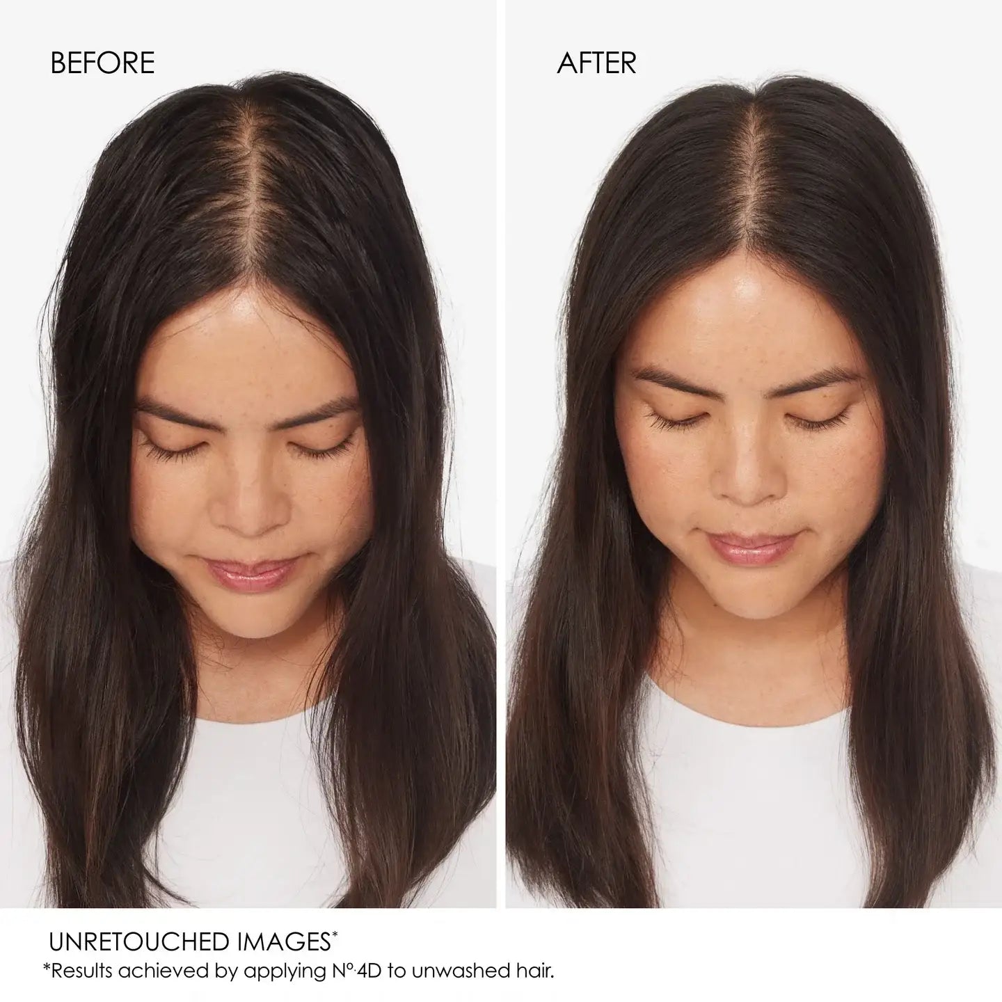 Before and after comparison showing long dark straight hair with a center part.