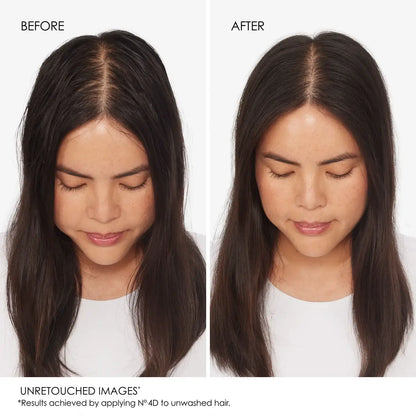 Before and after comparison showing long dark straight hair with a center part.