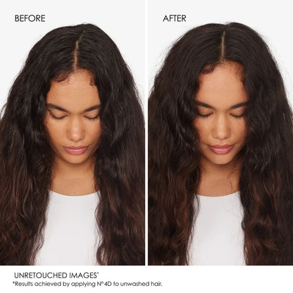 Before and after comparison showing long, dark wavy hair with a center part.