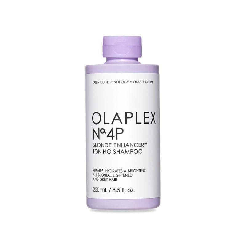 Bottle of Olaplex No.4P Blonde Enhancer Toning Shampoo 250ml on display