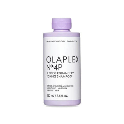Bottle of Olaplex No.4P Blonde Enhancer Toning Shampoo 250ml on display