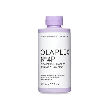 Bottle of Olaplex No.4P Blonde Enhancer Toning Shampoo 250ml on display