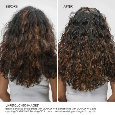 Comparison of curly hair before and after treatment, showing improved definition and volume.