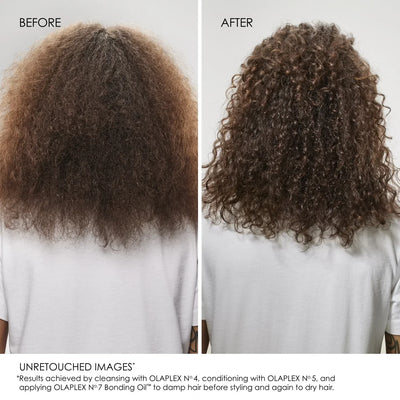 Comparison of curly hair before and after treatment, showing improved definition and reduced frizz.