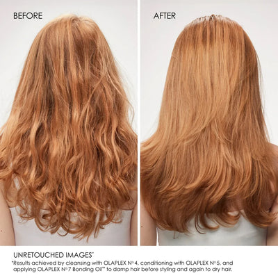Side-by-side comparison of hair before and after treatment, showing a change from curly to straighter styling.