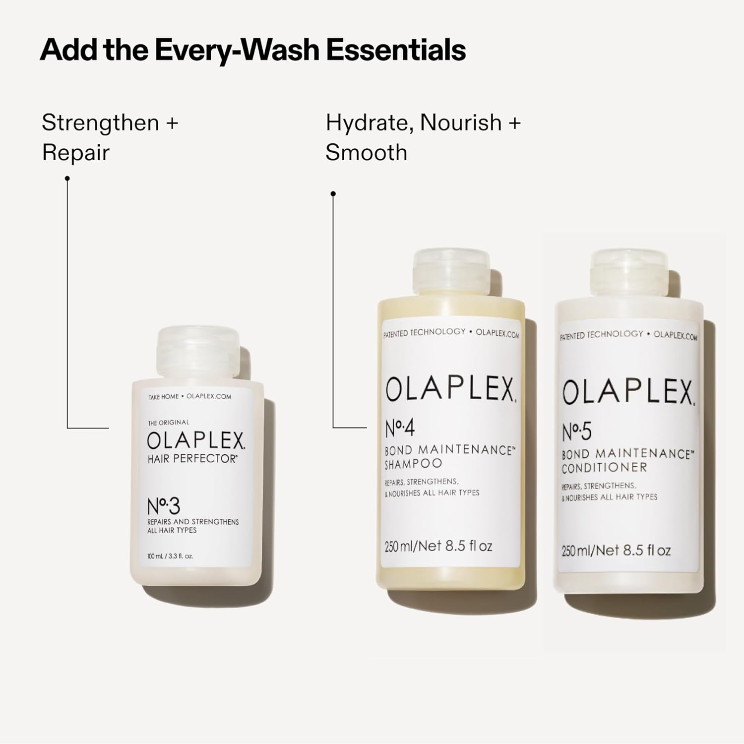 Olaplex No.3 Hair Treatment with strengthening benefits alongside shampoo and conditioner essentials