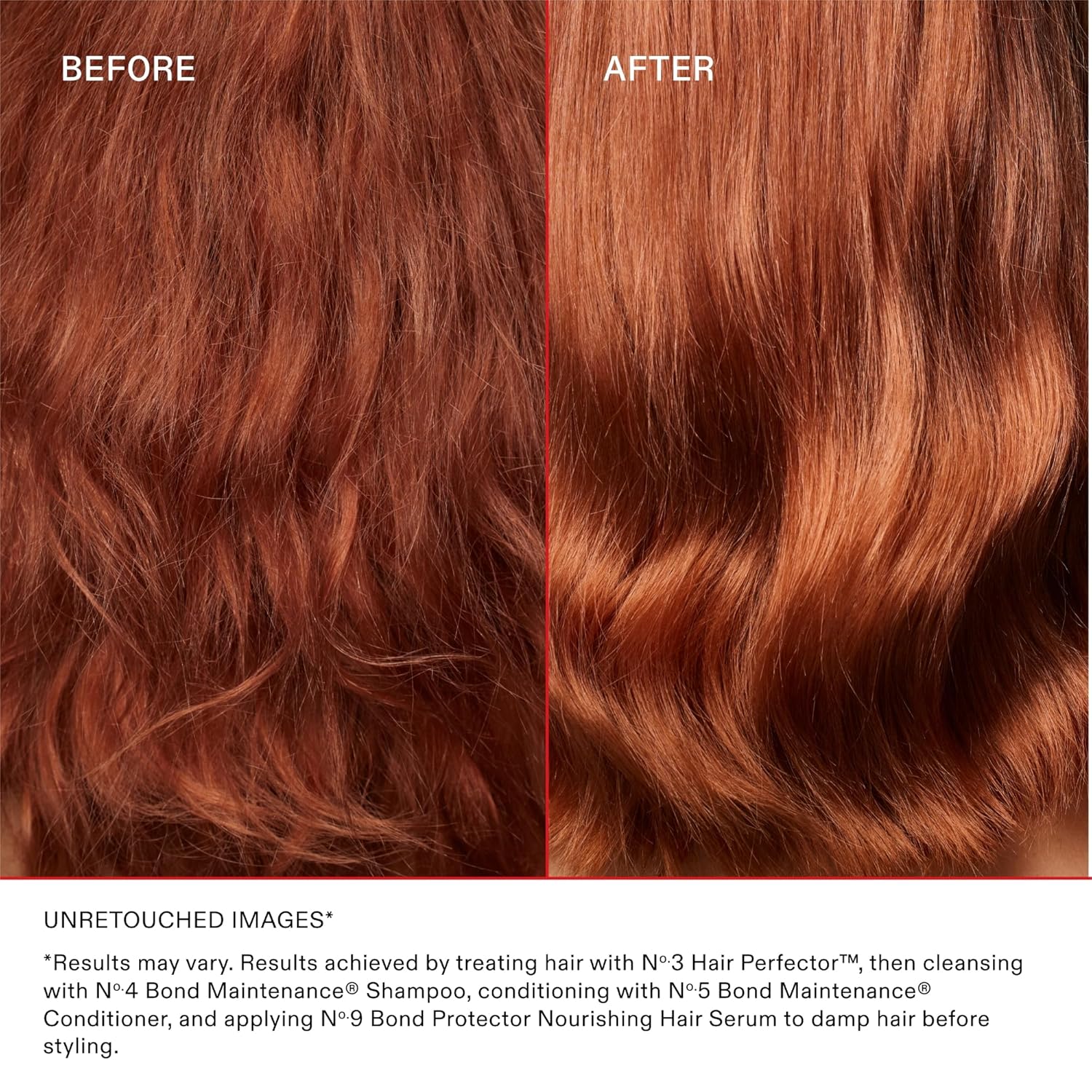 Before and after hair treatment showing results with Olaplex No.3 Hair Perfector for smoother hair