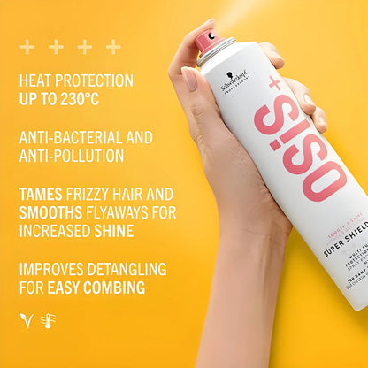 Schwarzkopf OSiS Super Shield 300ml offers heat and pollution protection for smooth, manageable hair.