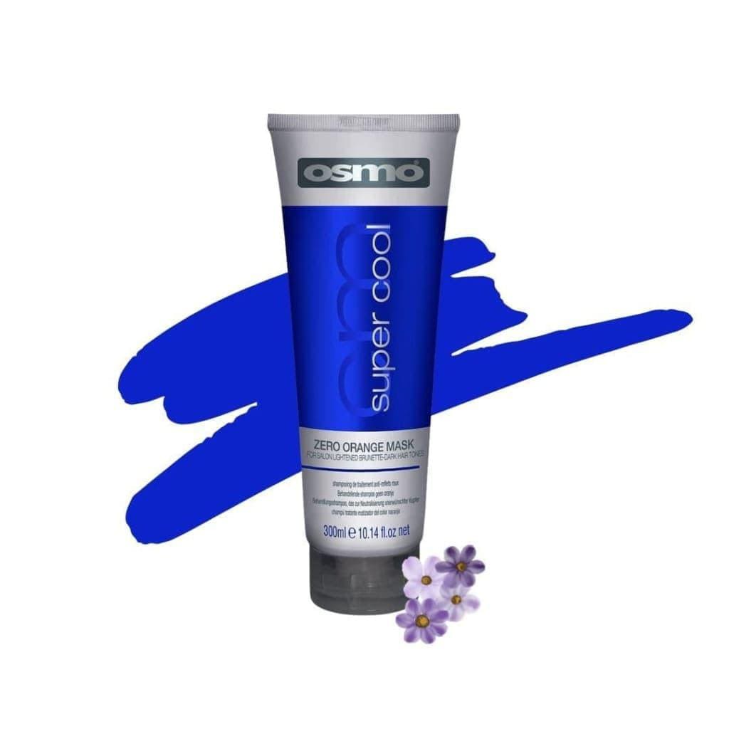 Blue tube of Osmo Super Cool Zero Orange Mask 250ml with blue splash and purple flowers