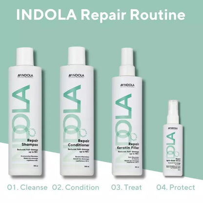Indola Repair Routine: Shampoo, Conditioner, Keratin Filler, Split-Ends Serum. Repair damaged hair. Shop now!