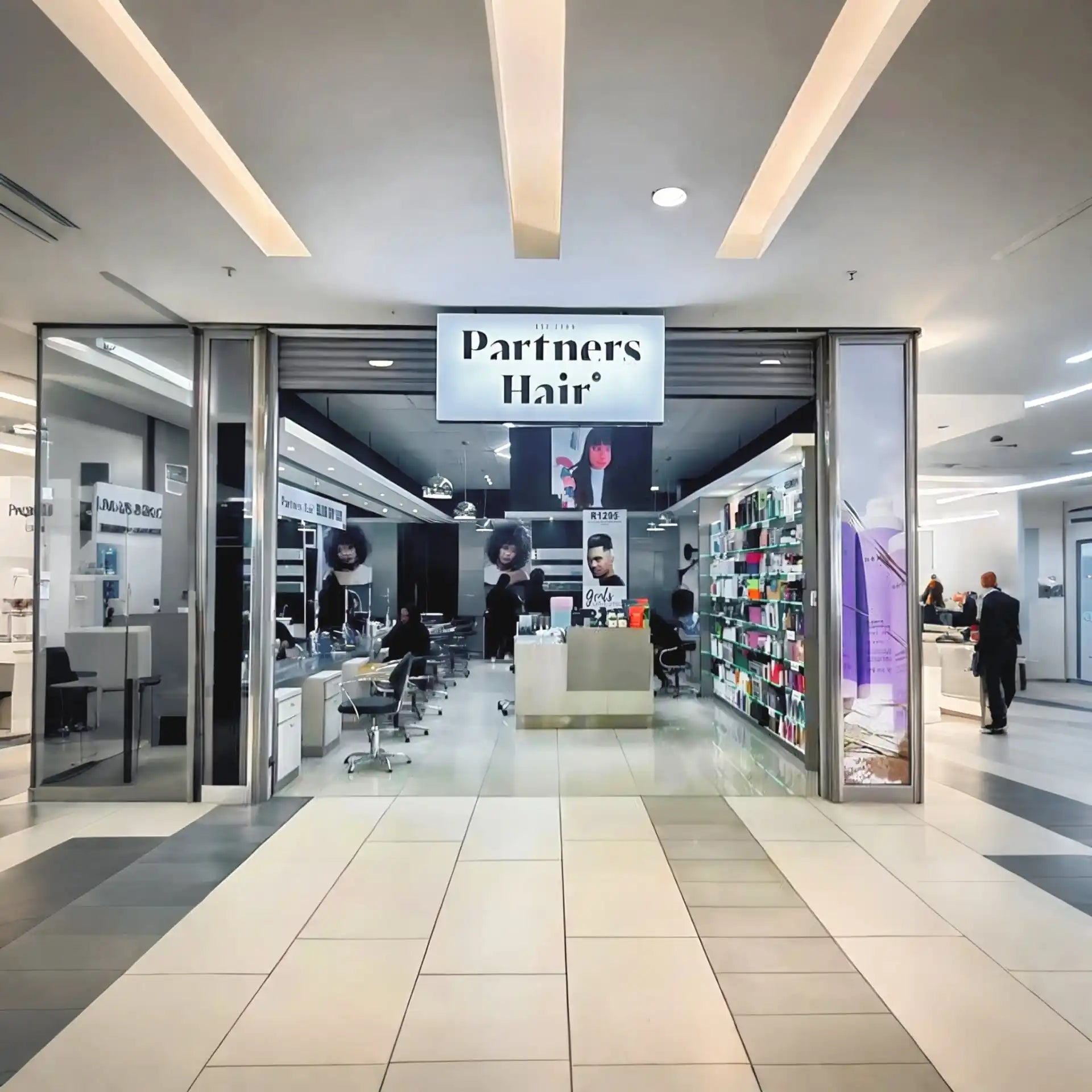 Partners Hair salon storefront with glass windows and signage.