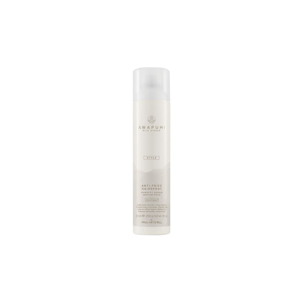 White cylindrical bottle of Paul Mitchell Awapuhi Anti Frizz Hairspray 313ml for a healthy-looking finish