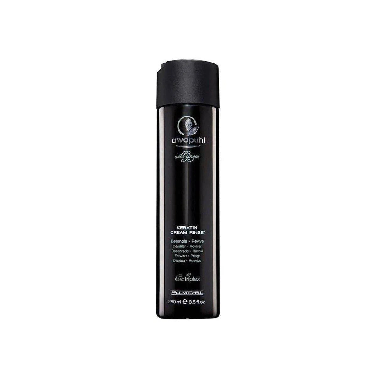 Black cylindrical bottle of Paul Mitchell Awapuhi Wild Ginger Keratin Cream Rinse 250ml