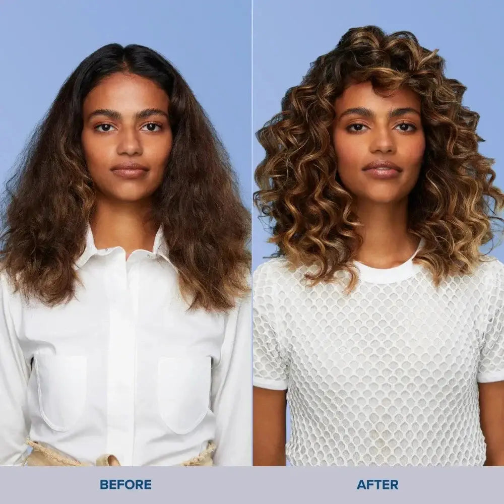 Before and after of a woman’s hairstyle transformation using Paul Mitchell Bond Rx Conditioner