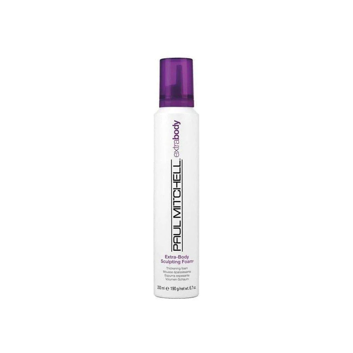 White bottle of Paul Mitchell Extra-Body Sculpting Foam 200ml with a purple cap