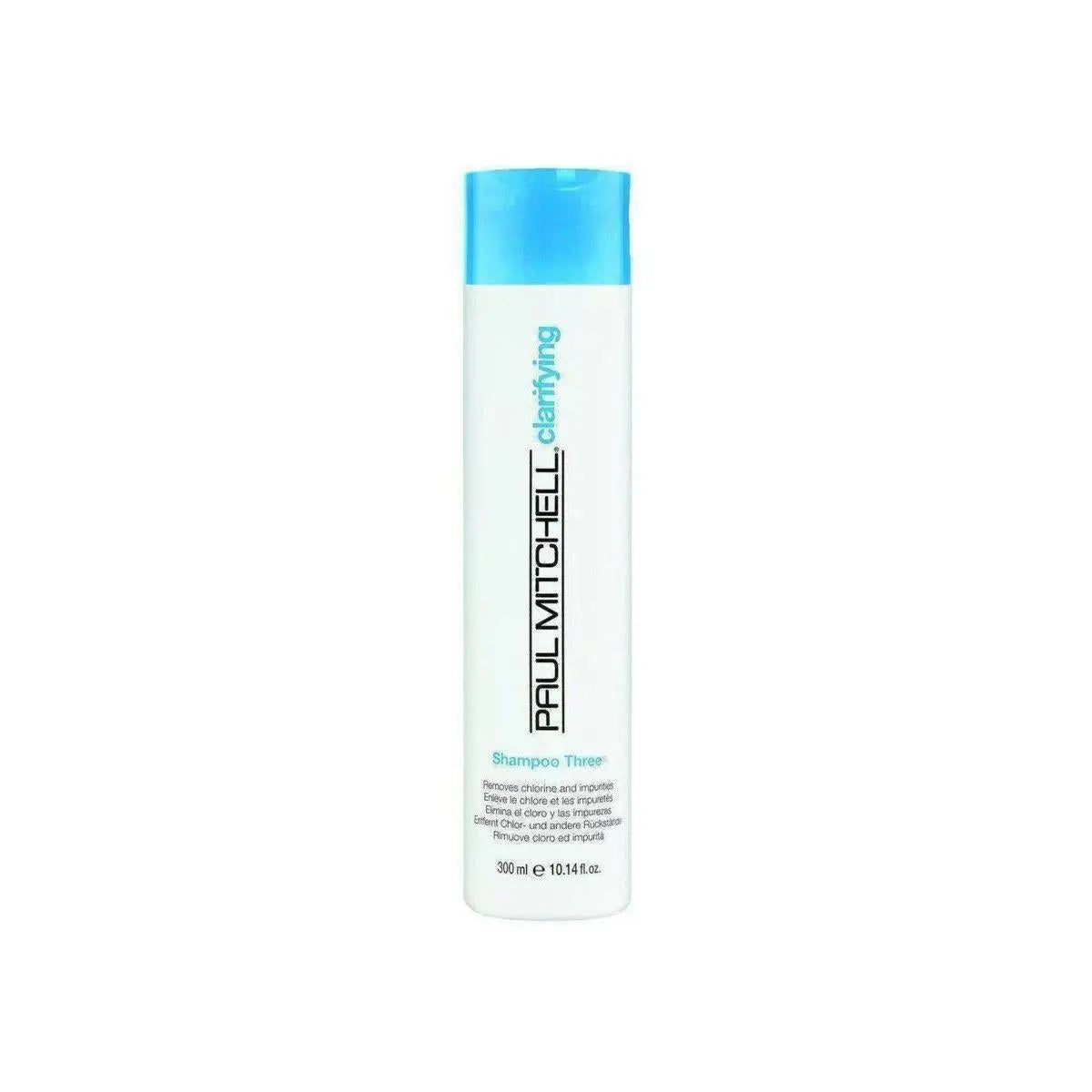 Bottle of Paul Mitchell Clarifying Shampoo Three with blue cap, mislabeled as Mitchell Shampoo Two 300ml