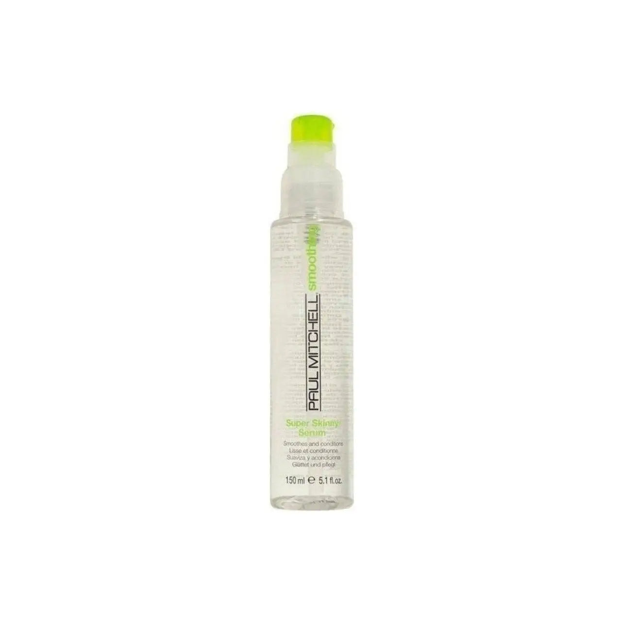 Clear bottle of Paul Mitchell Super Skinny Serum 150ml with a green cap