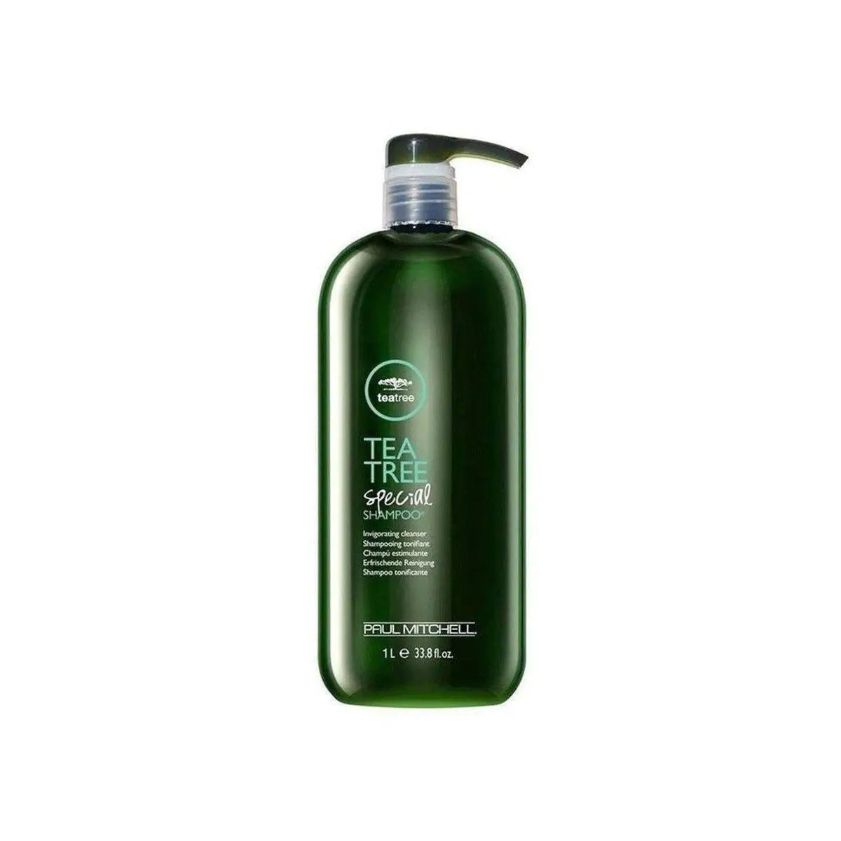 Green bottle of Paul Mitchell Tea Tree Special Shampoo 1L with pump dispenser