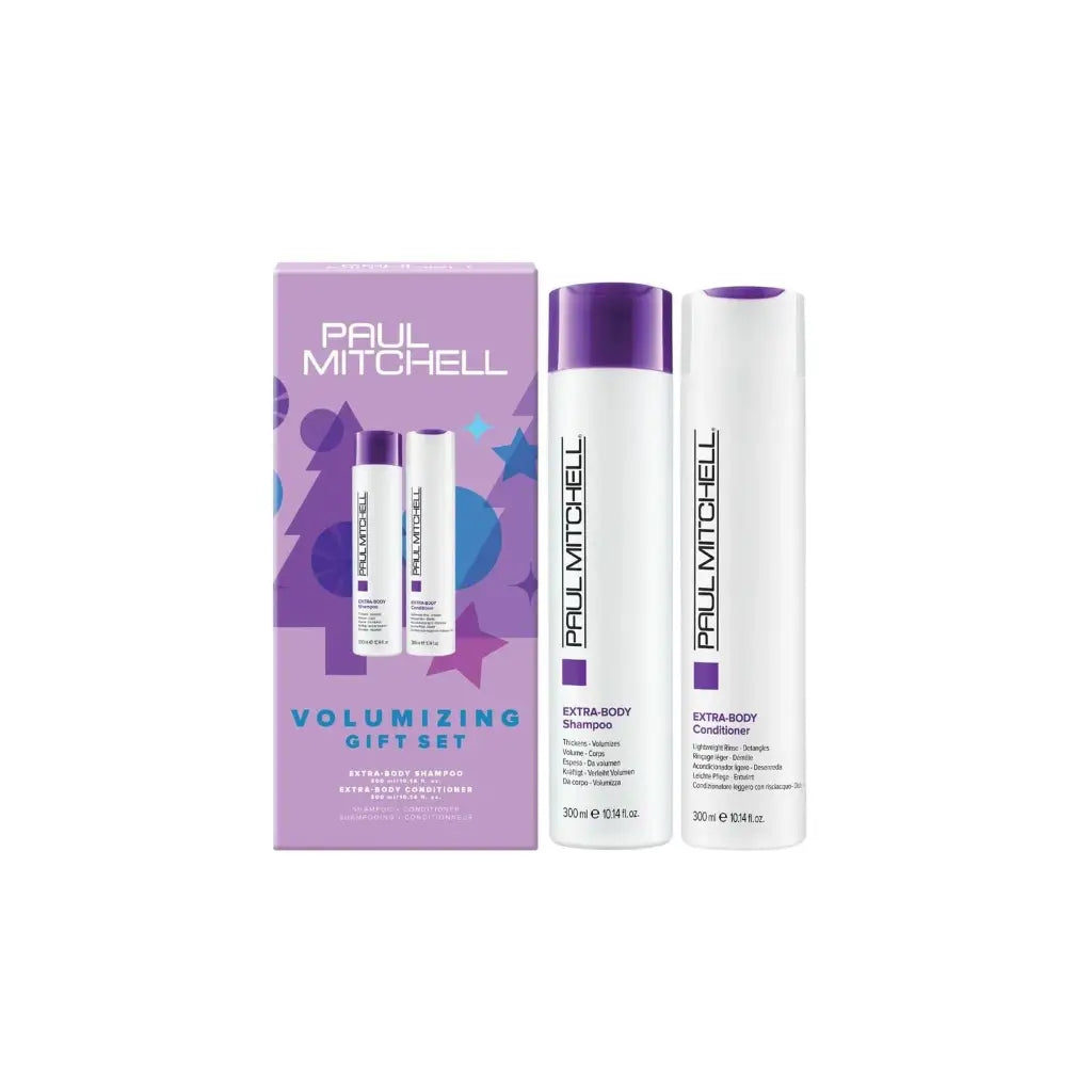 Paul Mitchell Volumizing Gift Set featuring shampoo and conditioner bottles with purple packaging.