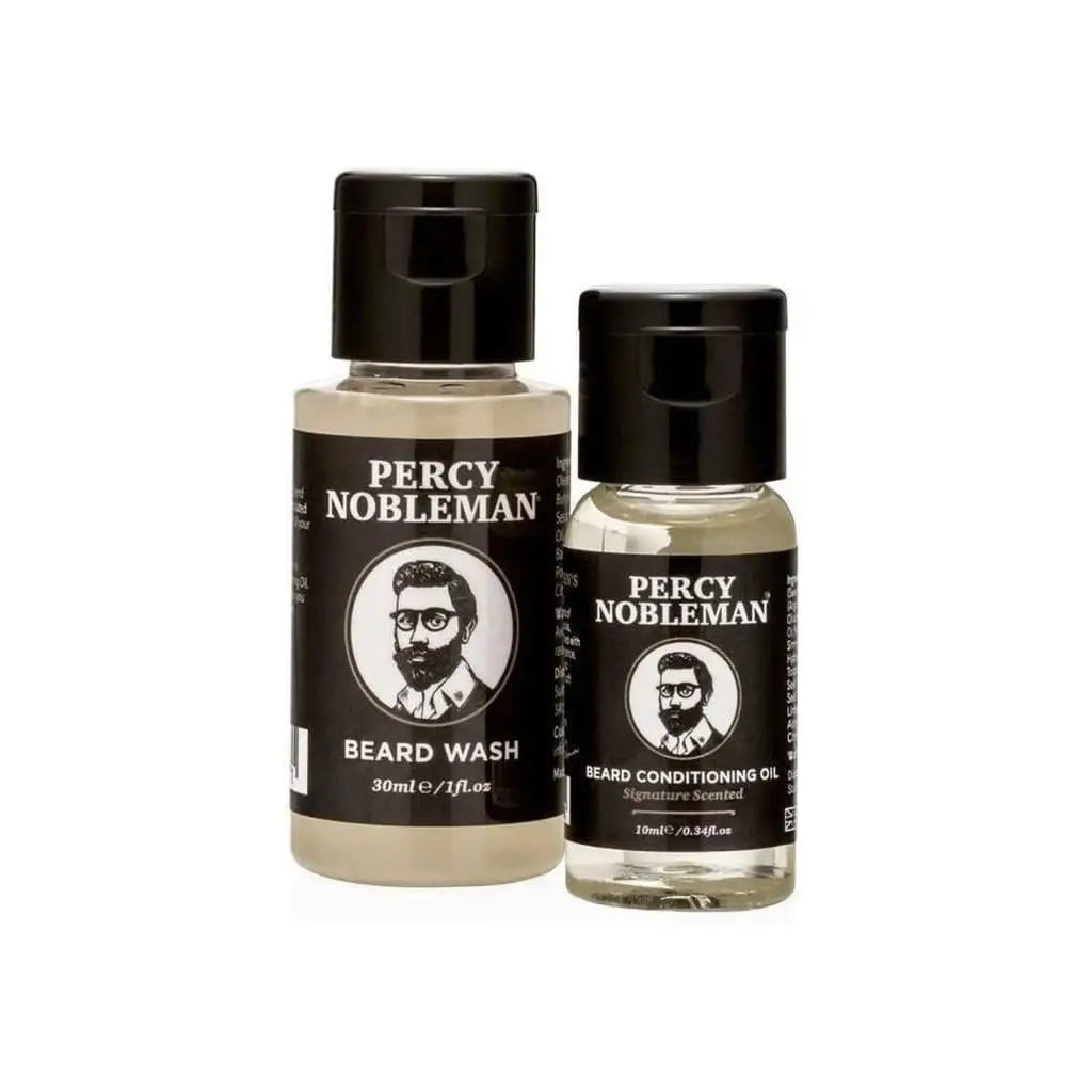 Two bottles of Percy Nobleman beard care products in the Nobleman Beard Starter Kit