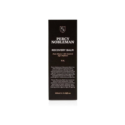 Black packaging box for Percy Nobleman Recovery Balm 100ml post-shave skincare product