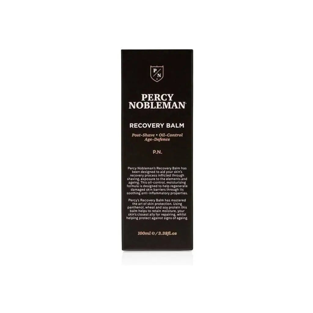 Black packaging box for Percy Nobleman Recovery Balm 100ml post-shave skincare product