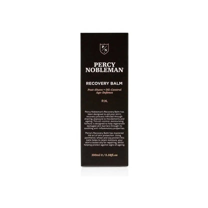 Black packaging box for Percy Nobleman Recovery Balm 100ml post-shave skincare product