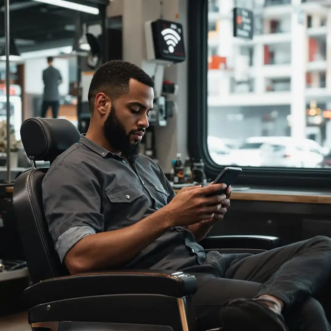 A person sitting in a barber chair while looking at their phone.