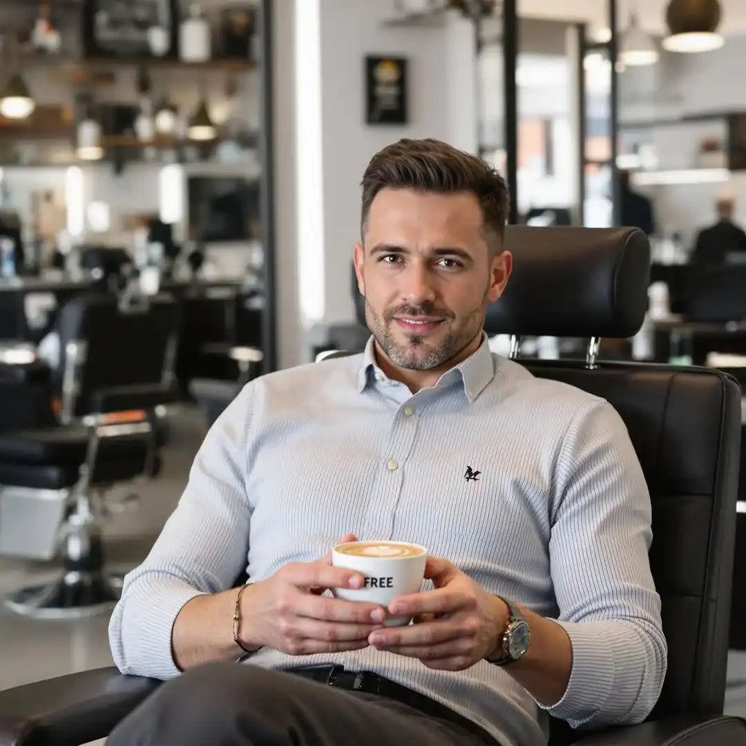 A person sitting in a leather chair while holding a coffee cup.