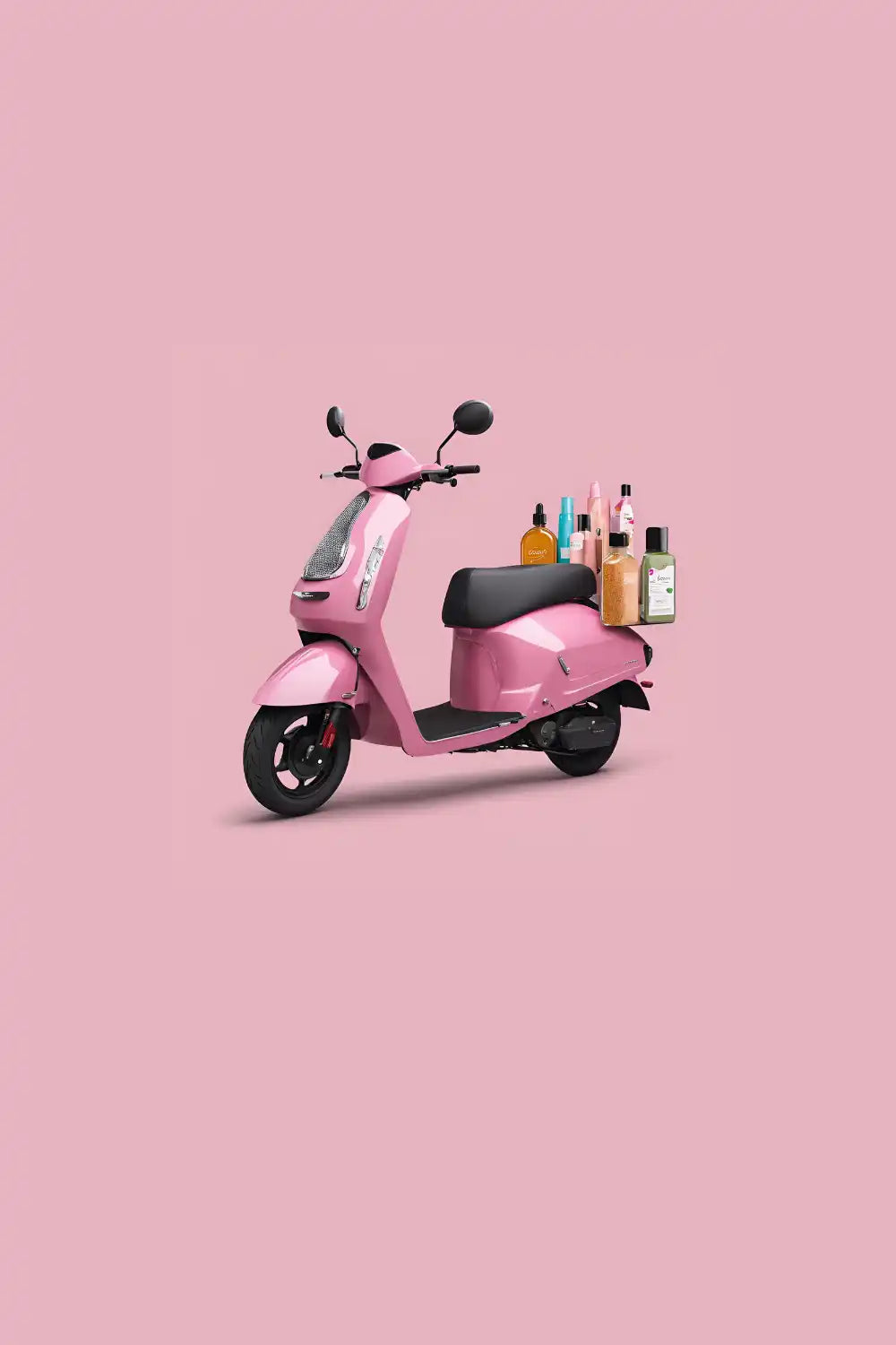 Pink scooter carrying various beauty products and bottles.