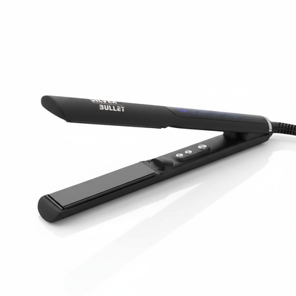 Silver Bullet Glide ceramic straightener with sleek black design and digital buttons for hair styling