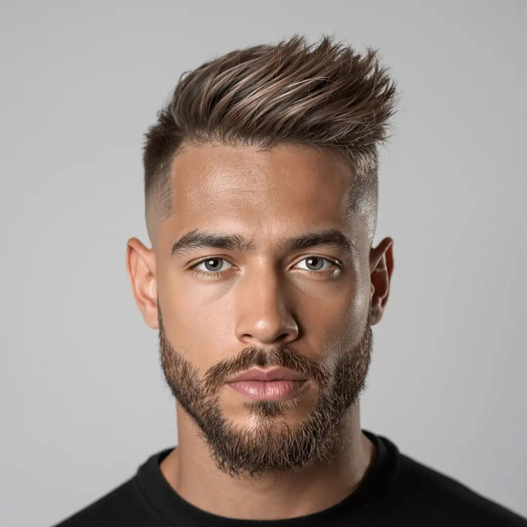 Professional headshot portrait of someone wearing a black shirt with styled brown hair and a neat beard.