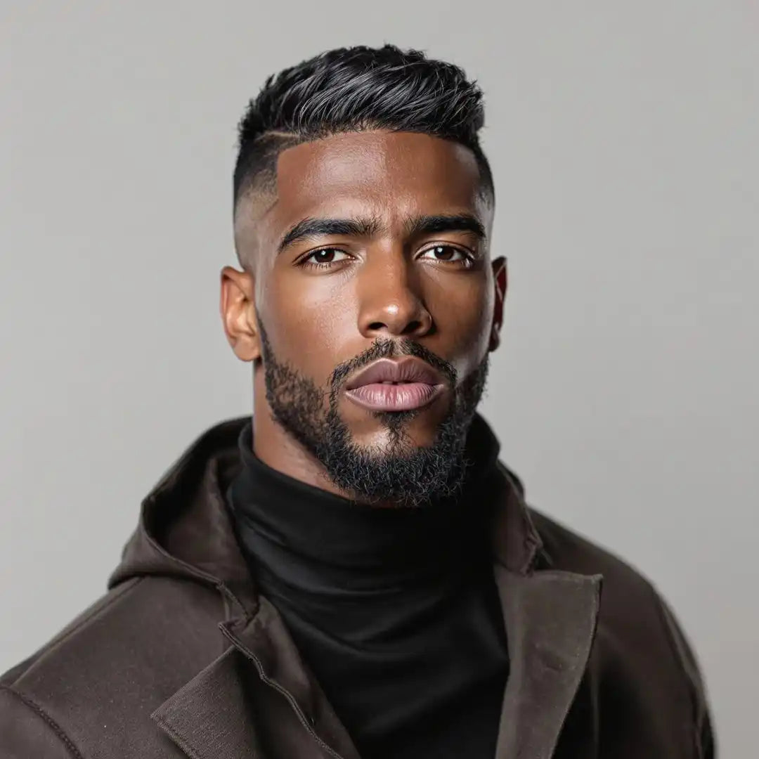 Professional headshot portrait of a person wearing a brown jacket and black turtleneck.