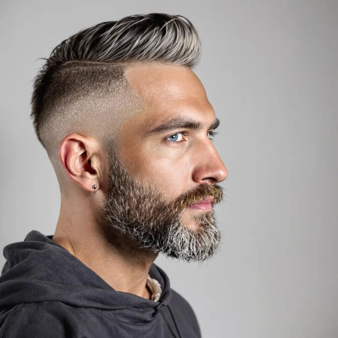 Side profile portrait showing a modern men’s hairstyle with faded sides, styled gray-streaked hair, and a full beard.