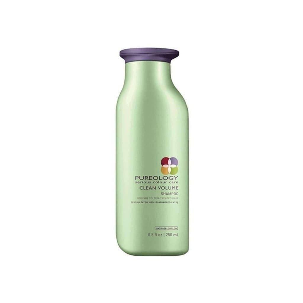 Light green bottle of Pureology Clean Volume Shampoo with a purple cap - 250ml