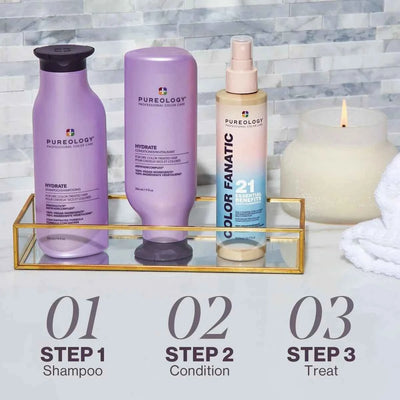 Pureology Colour Fanatic treatment featured alongside hydrate shampoo and conditioner in a spa setting