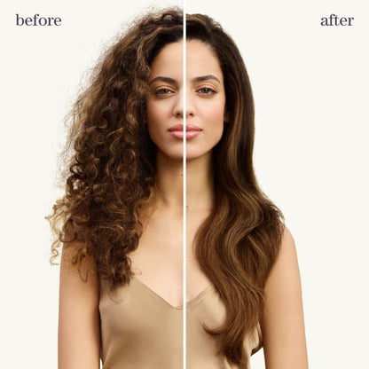 Split-screen showing curly vs straight hair using Pureology Hydrate Conditioner for color-treated hair