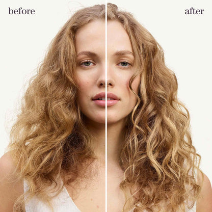 Split-screen of curly blonde hair before and after using Pureology Hydrate Gift Set South Africa