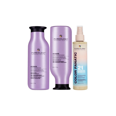 Pureology Hydrate Trio: Shampoo, Conditioner & Color Fanatic Spray. Hydrating hair care set for dry, color-treated hair.