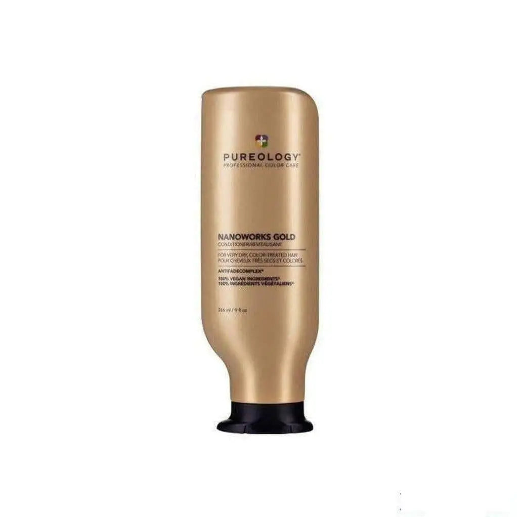 Gold-colored bottle of Pureology Nanoworks Conditioner 266ml for color-treated hair