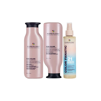 Pureology Pure Volume Gift Set: Shampoo, Conditioner & Color Fanatic Spray for Color-Treated Hair, Pink Bottles.