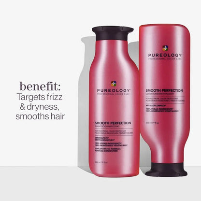 Pink hair care product from Pureology Smooth Perfection line for color-treated hair