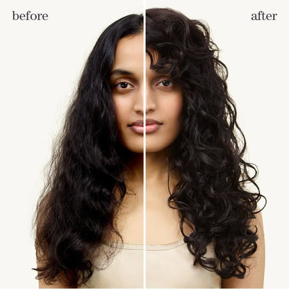 Split-screen: long dark hair before and after styling with Pureology Smooth Perfection Conditioner