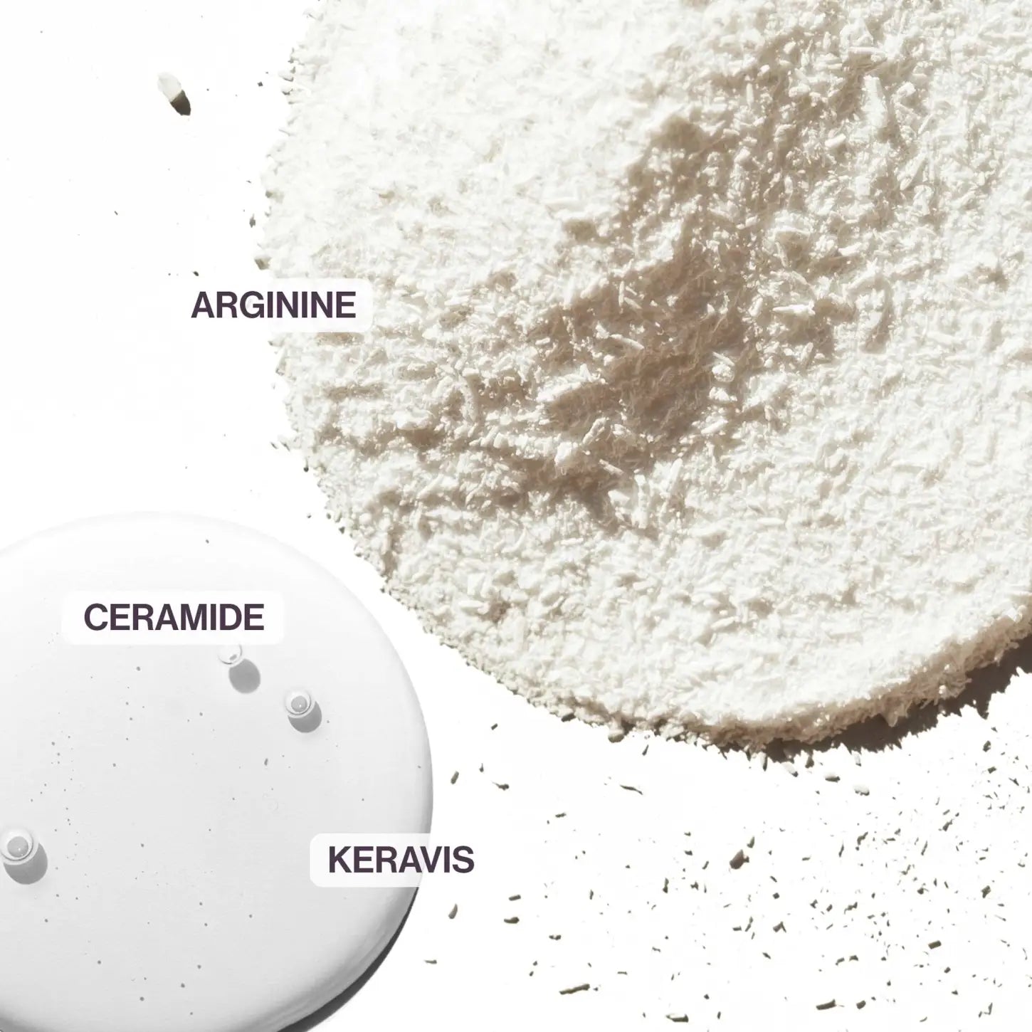 Close-up view of white powdery substances labeled Arginine, Ceramide, and Keravis.