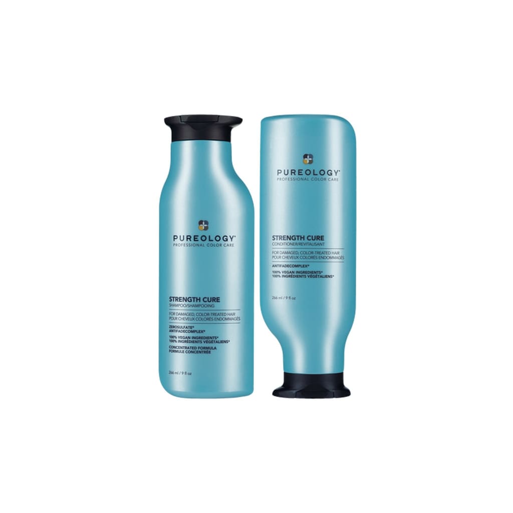 Two blue hair care product bottles from the Pureology Strength Cure line.