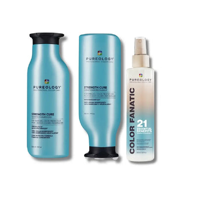 Pureology Strength Cure Trio: Shampoo, Conditioner & Color Fanatic Spray. Color Treated Hair Care Set.