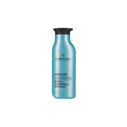 Teal-colored bottle of Pureology Strength Cure shampoo with a black cap.