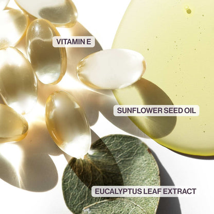 Close-up of vitamin E capsules, sunflower oil, eucalyptus leaf in Pureology Pure Volume Gift Set