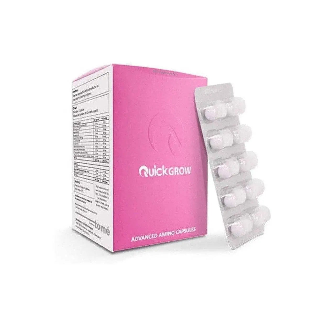 Pink box of QuickGROW Advanced Amino Capsules and blister pack; Quick Grow Amino for Women